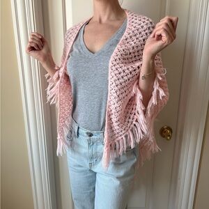 Vintage Handmade Crocheted Women’s Wrap Sweater Shawl Pink Fringe Sweater Poncho